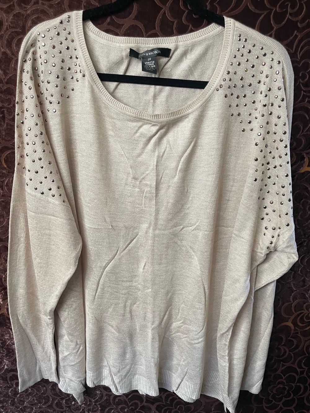 89Th & MadisonCream Studded Scoop-Neck Knit Sweater 2X